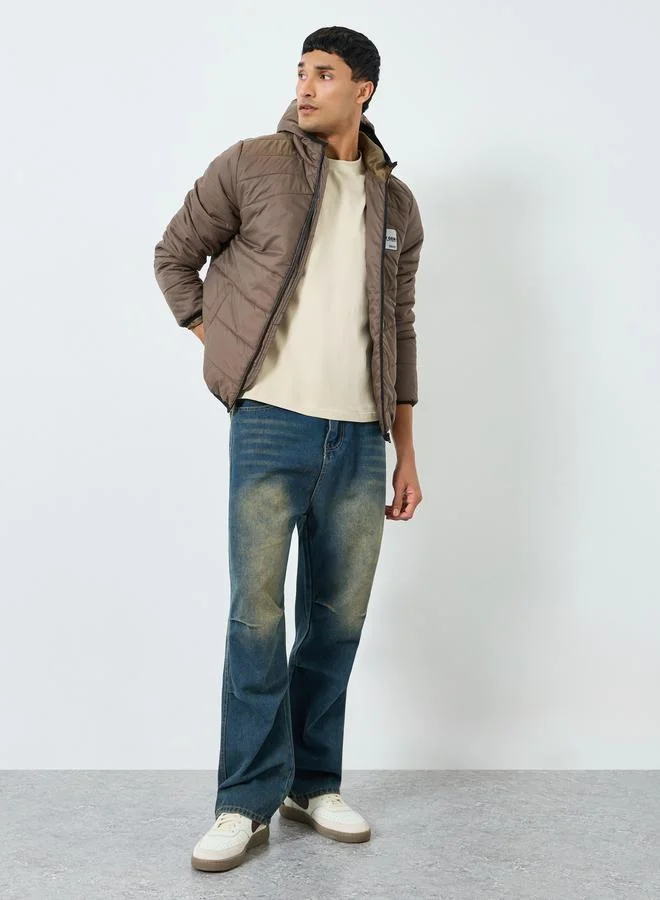 Styli Men Oversized Fit Solid Hooded Puffer Jacket